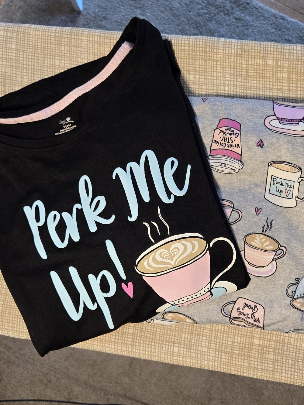 Two Piece Pajama Set "PERK ME UP" coffee cup accented Secret treasures SMALL 4,6